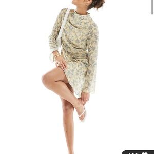 ASOS DESIGN high neck mini tea dress in blue floral print